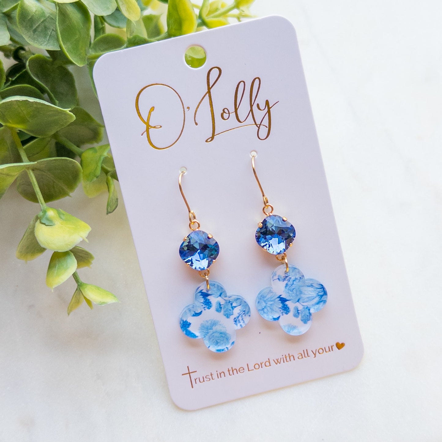 Blue & White Acrylic Quatrefoil w/Blue Stone Dangle Earrings “Blu”