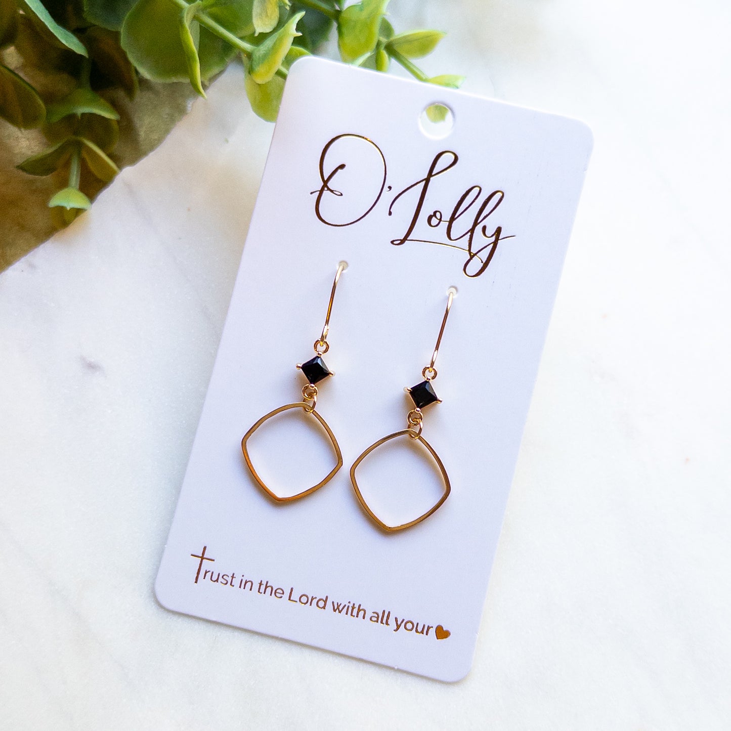 Black Crystal & Gold Open Square Earrings “Layla”