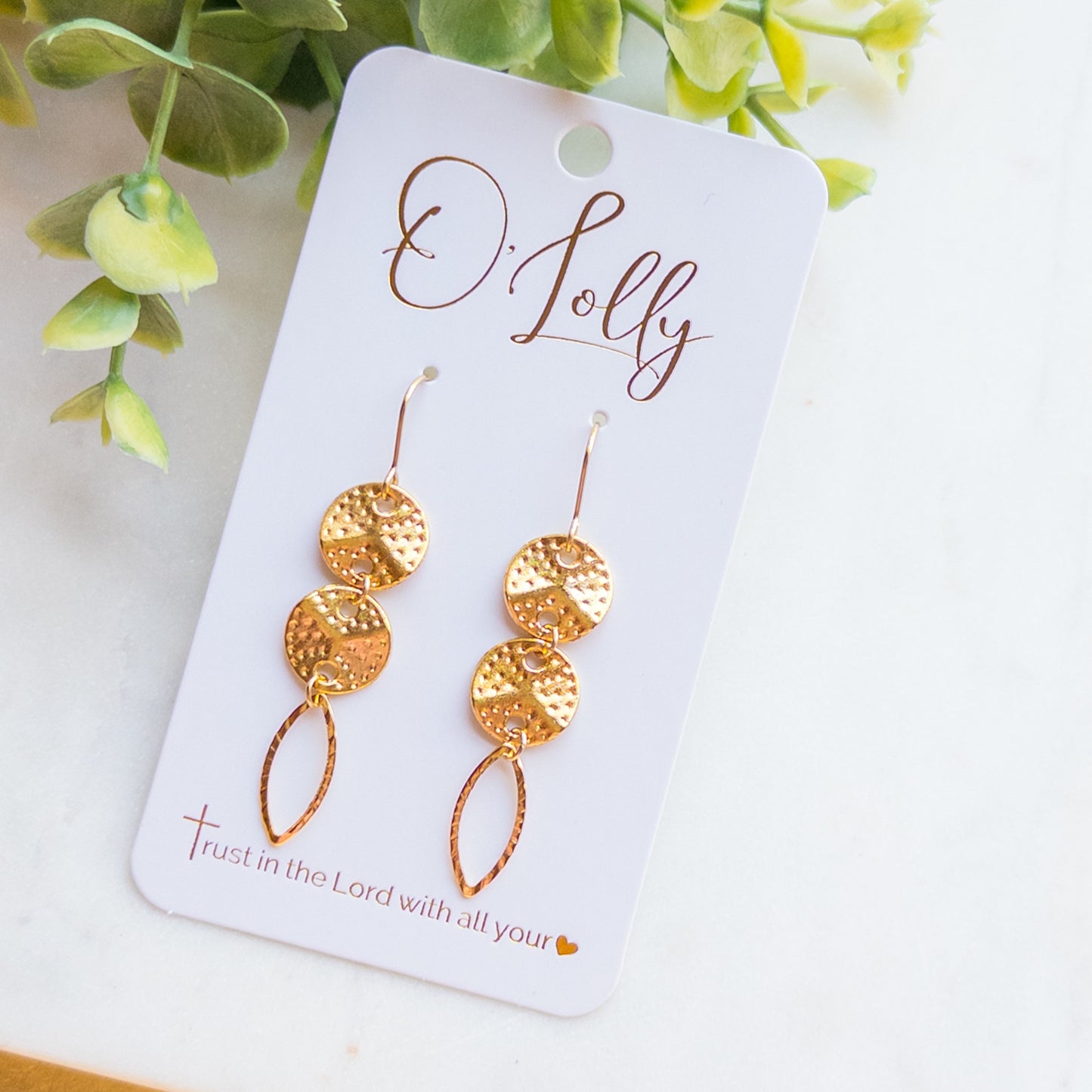 Gold Textured Discs w/Leaf Shaped Open Dangle Earrings “Kasey”