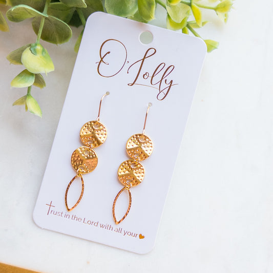 Gold Textured Discs w/Leaf Shaped Open Dangle Earrings “Kasey”
