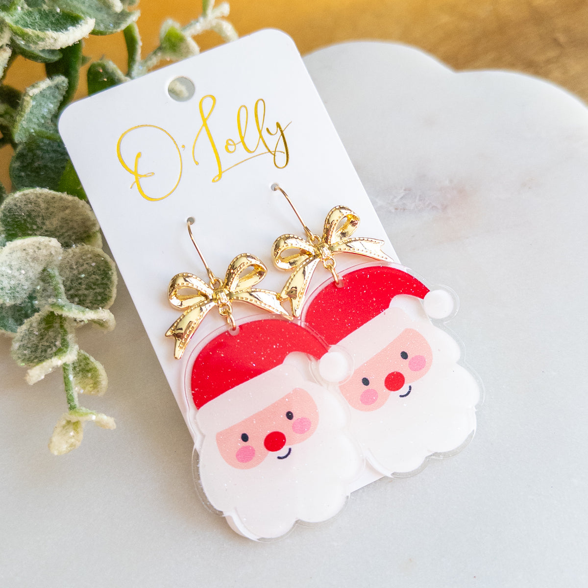 Santa Claus Christmas Dangle Earrings – Glitter Santa Faces with Gold Bows