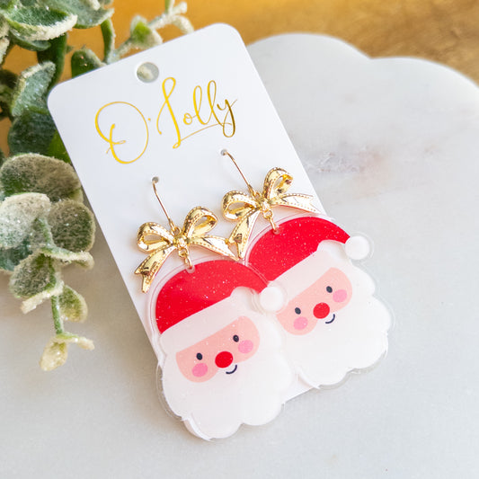 Santa Claus Christmas Dangle Earrings – Glitter Santa Faces with Gold Bows