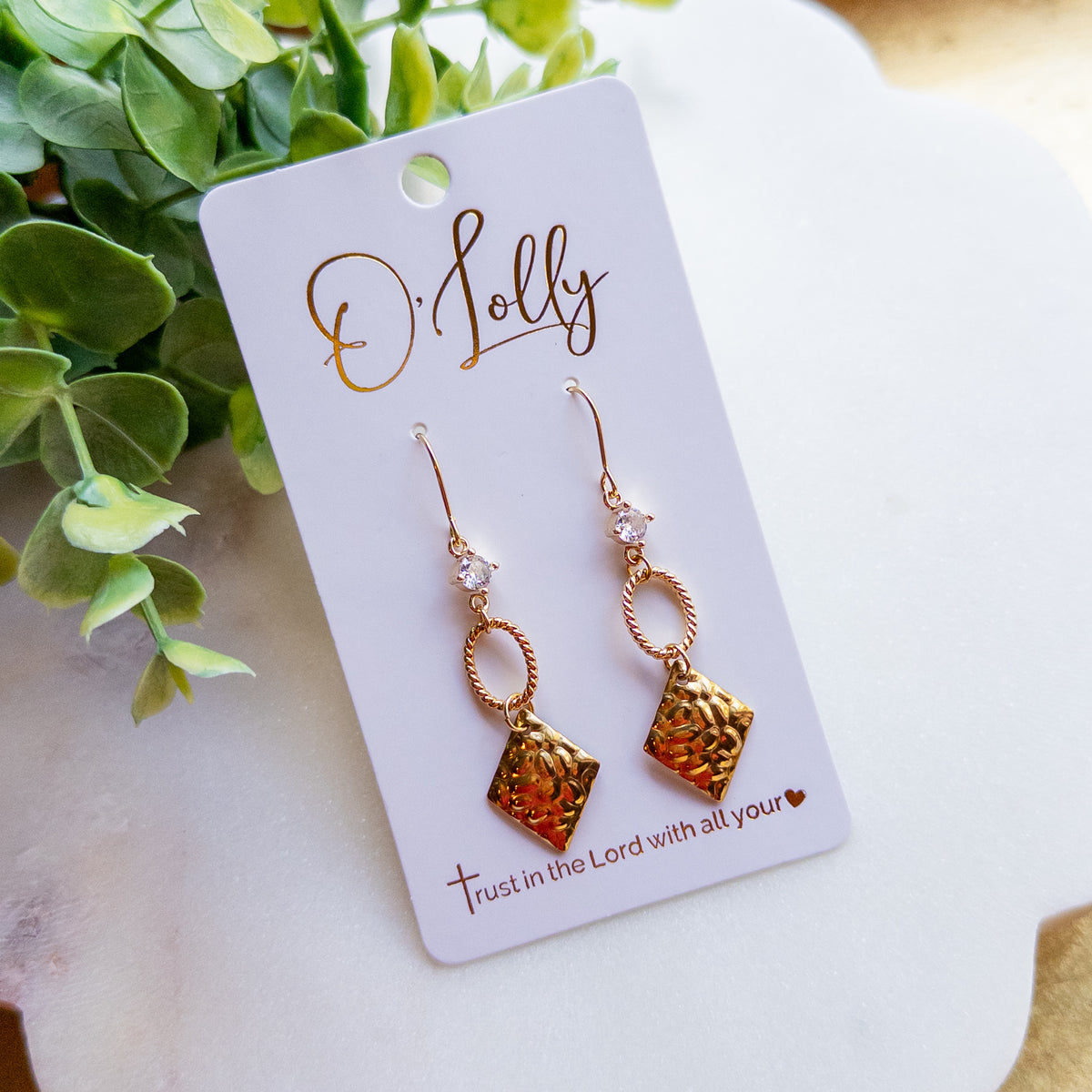 Gold Hammered Diamond Drop Earrings with Crystal Accent