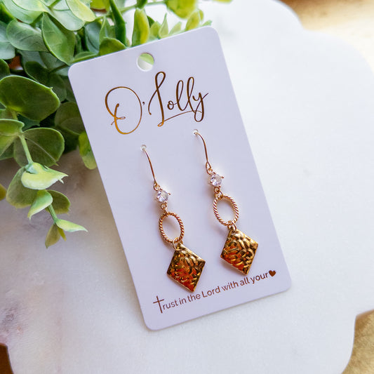 Gold Hammered Diamond Drop Earrings with Crystal Accent