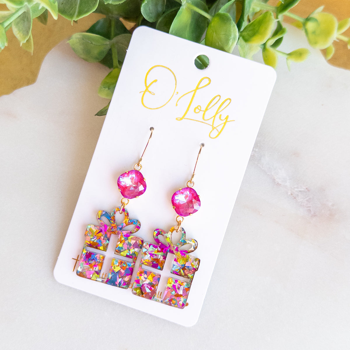 Christmas Present Dangle Earrings – Pink Rhinestone & Multicolor Glitter