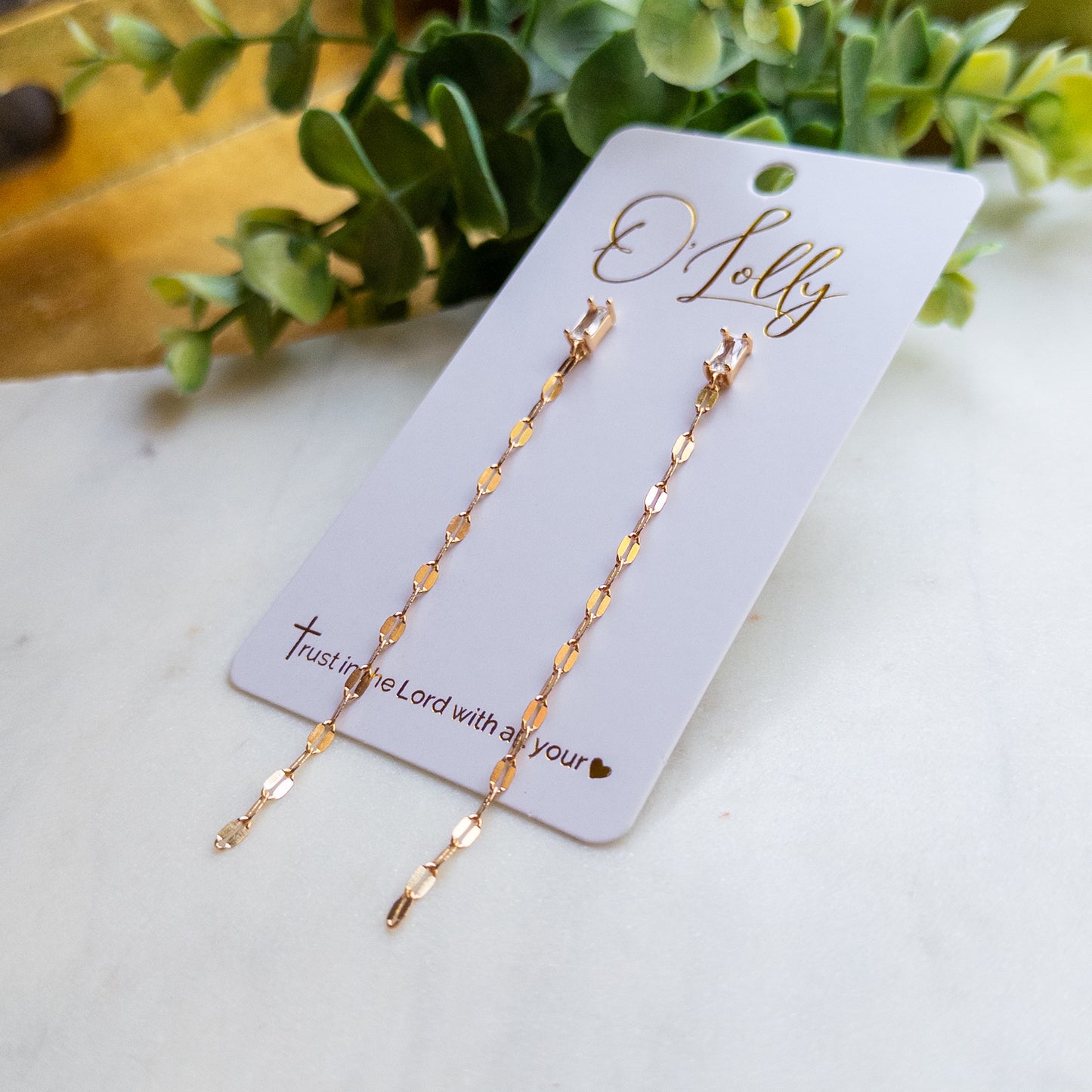 Gold Rectangle CZ Chain Drop Earrings