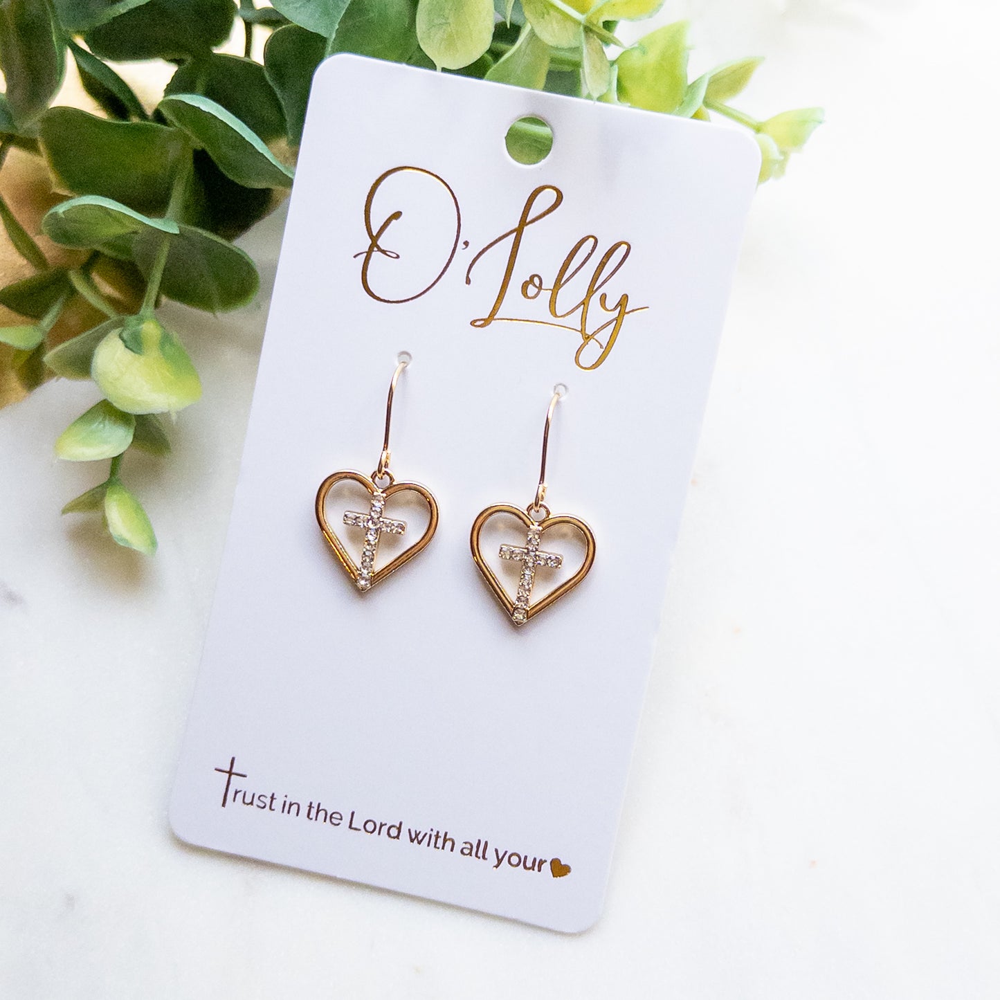 Gold Heart & Rhinestone Cross Earrings
