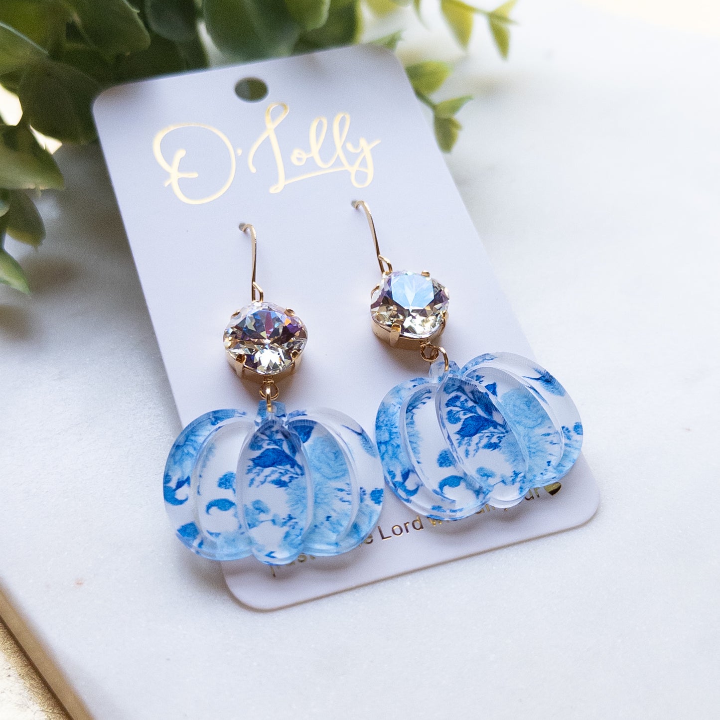 Blue & White Pumpkin Earrings w/Clear ML Stone