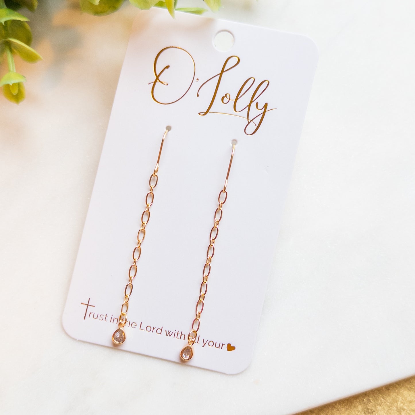 Gold Plated Chain Earrings w/Cubic Zirconia Teardrop