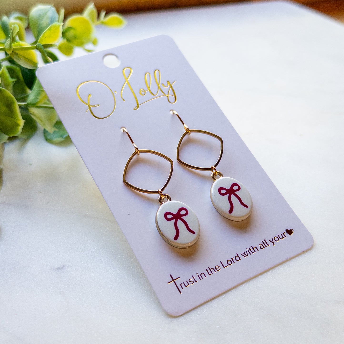 Maroon Bow Charm & Gold Open Diamond Earrings “Shiloh”
