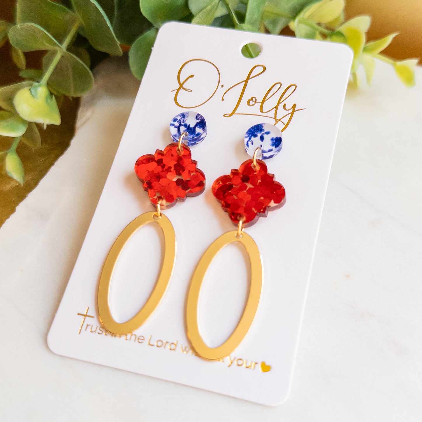 Red Glitter & Blue Floral w/Open Gold Oval Dangle Earrings “Holland”