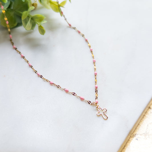 Gold & Pink Enamel Chain w/Open Cross Charm Necklace