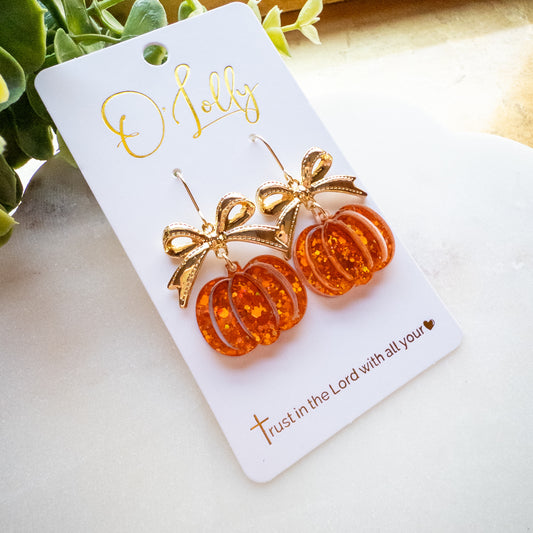 Orange Glitter Pumpkin Dangle Earrings – Gold Bow Accents