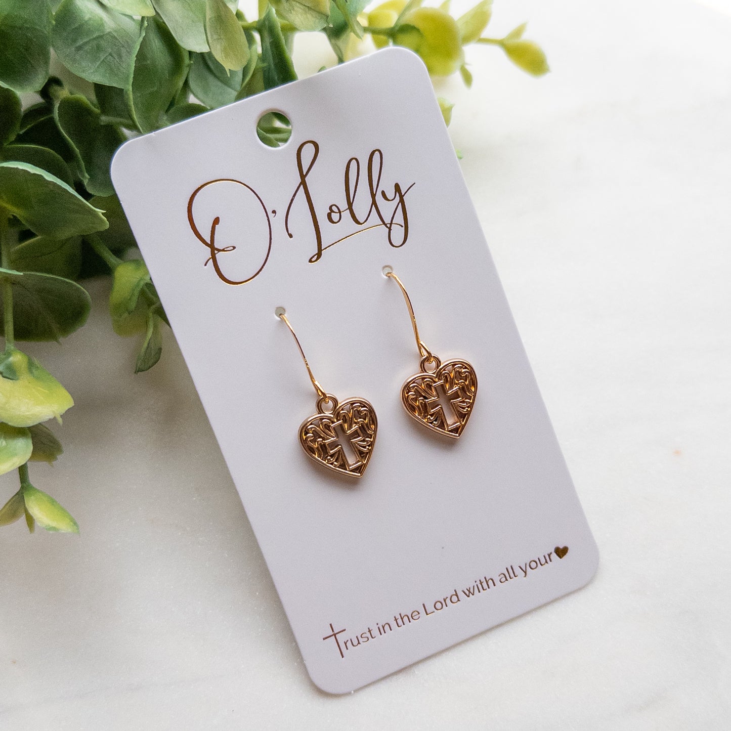 Gold Heart Mini Earrings w/Hallow Cross