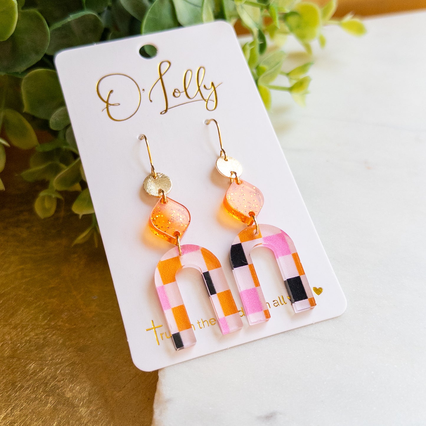 Gold, Orange & Pink Plaid Arch Earrings “Marlowe”