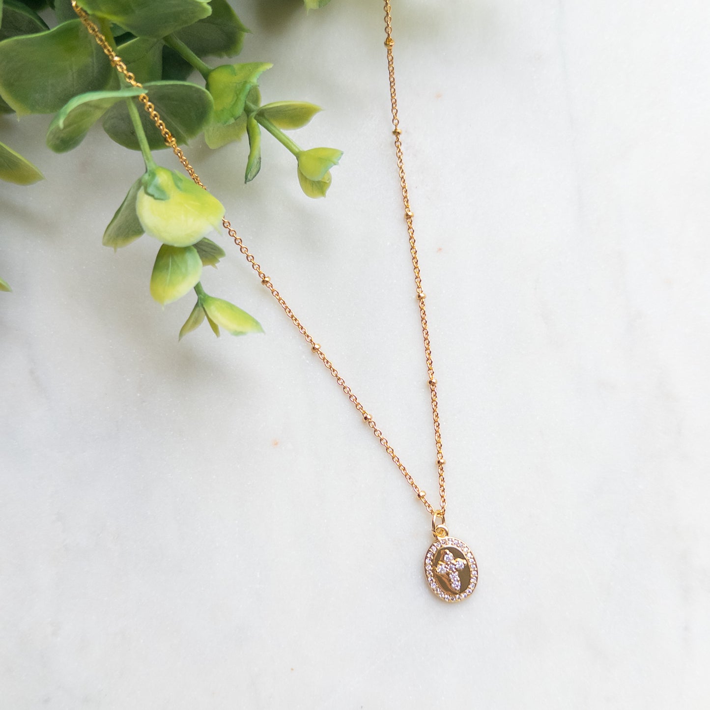 18K Gold Plated Beaded Chain w/Gold Oval Rhinestone Cross Charm Necklace