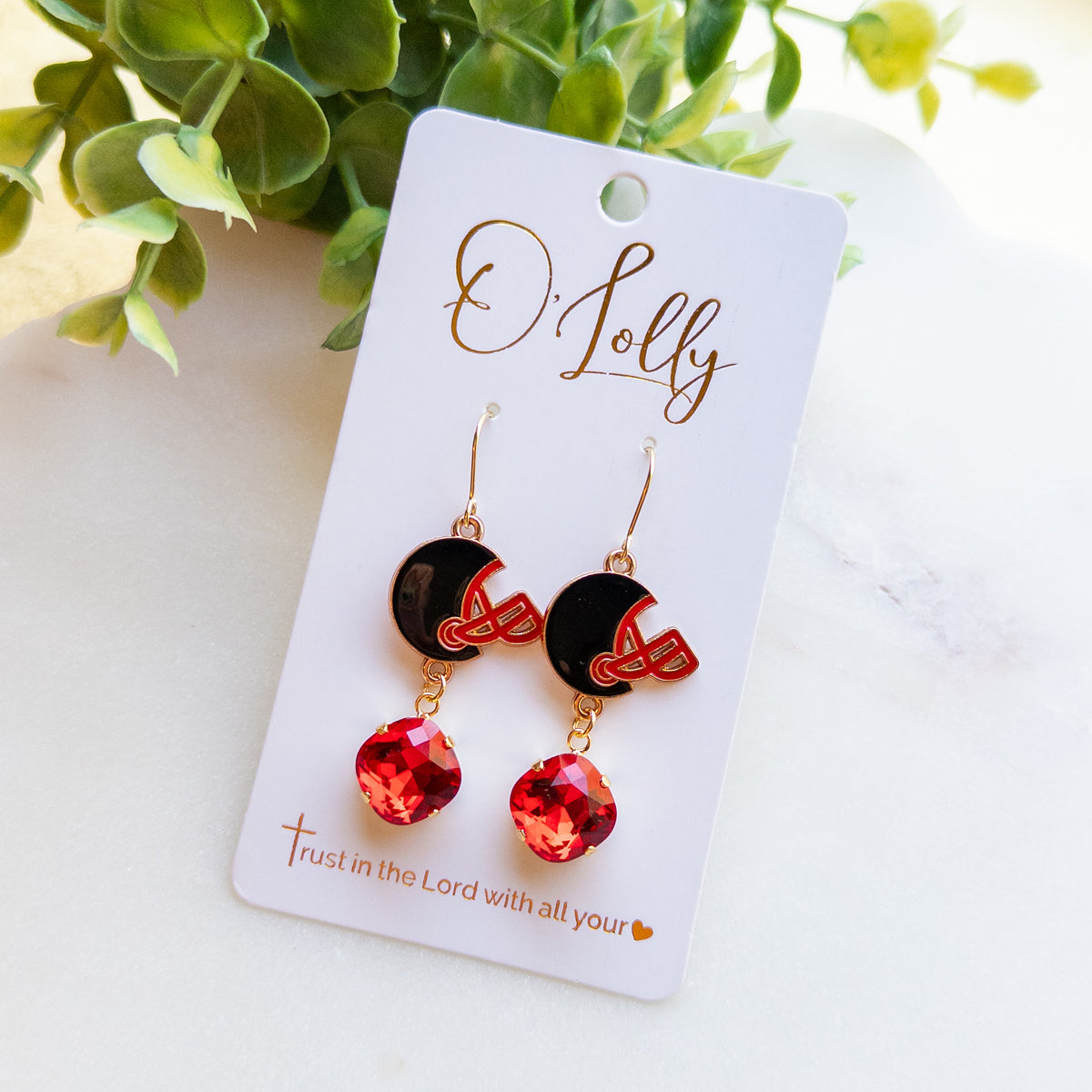 Black & Red Helmet Spirit Crystal Drop Earrings