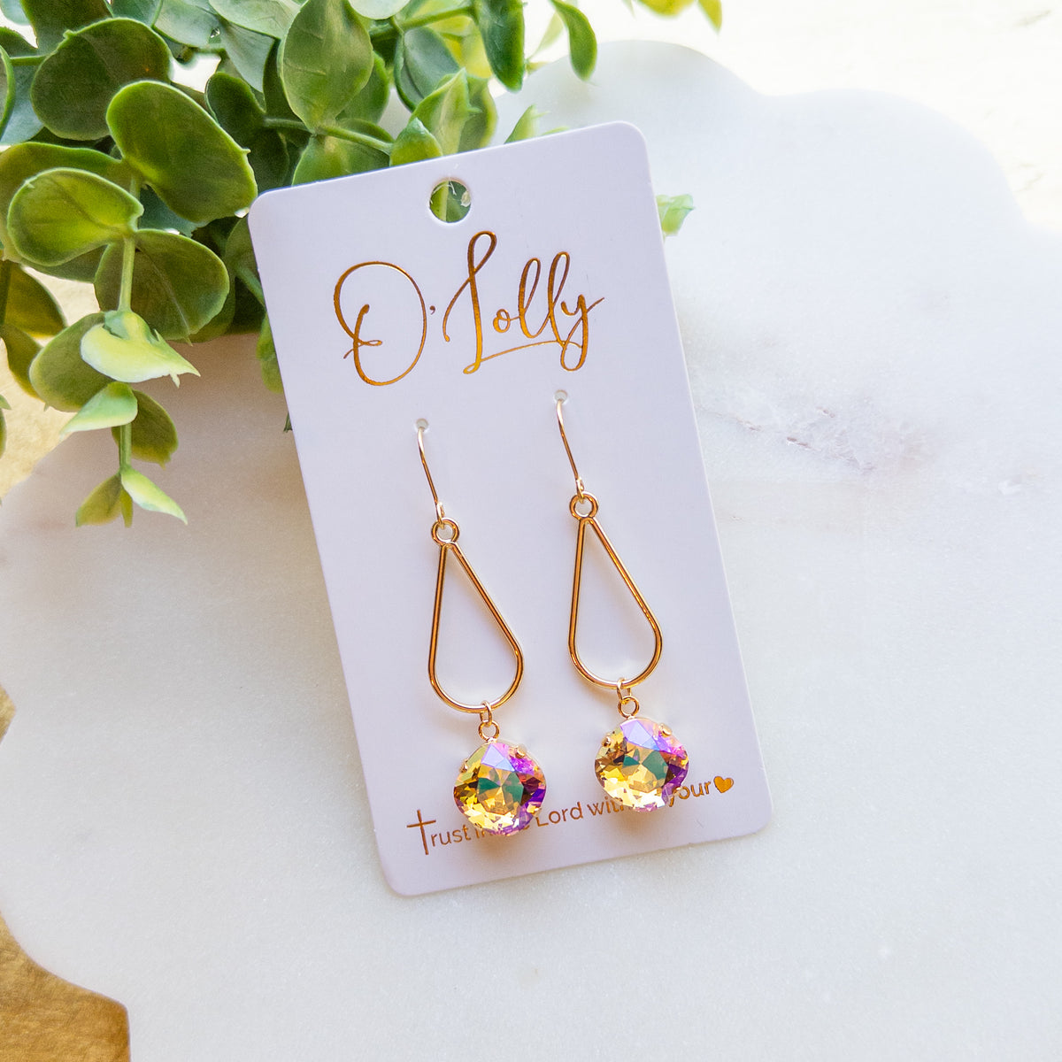 Gold Teardrop Iridescent Crystal Earrings “Amber”