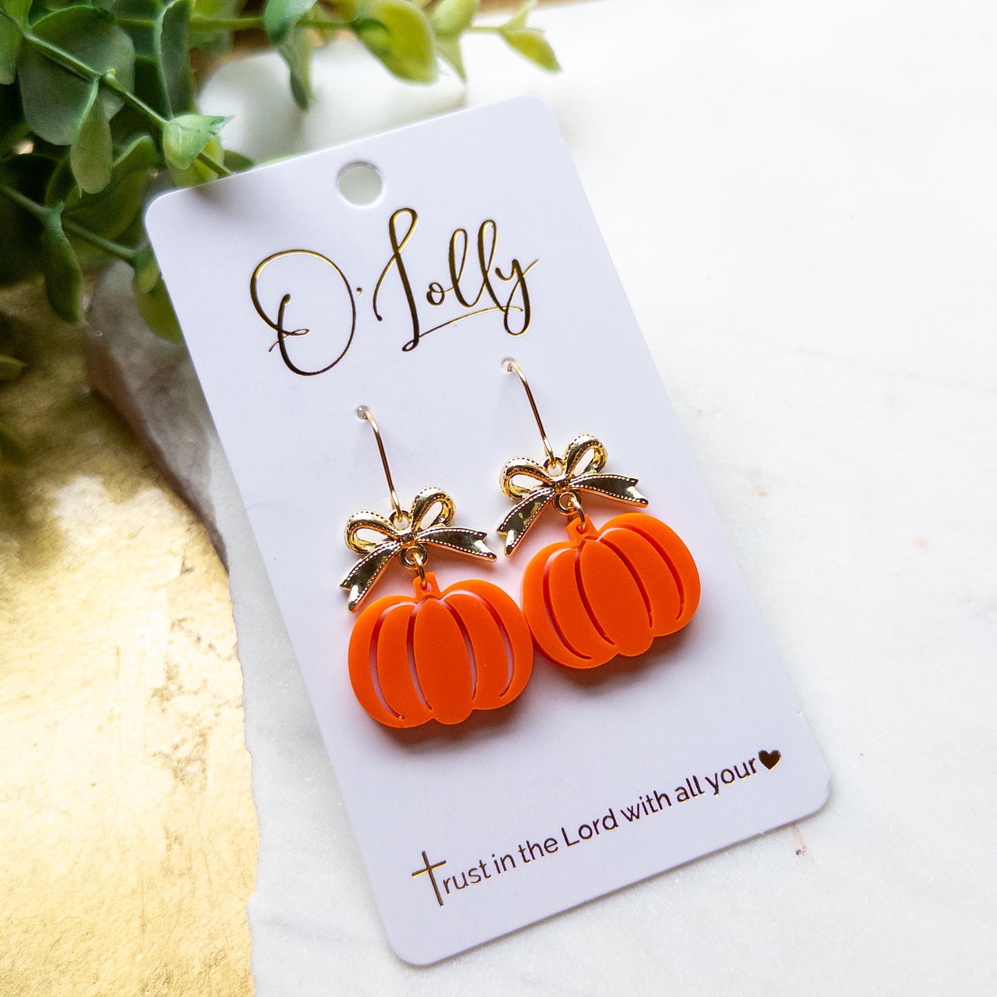 Golden Bow Orange Pumpkin Dangle Earrings