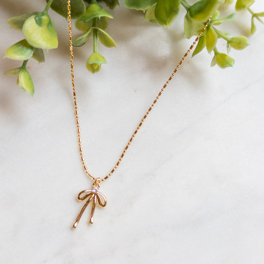 18k Gold Plated Bow Necklace w/CZ Center
