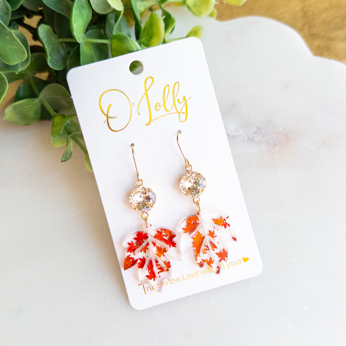 Fall Maple Leaf Dangle Earrings – Red & Orange Autumn Leaves with Sparkling Crystals
