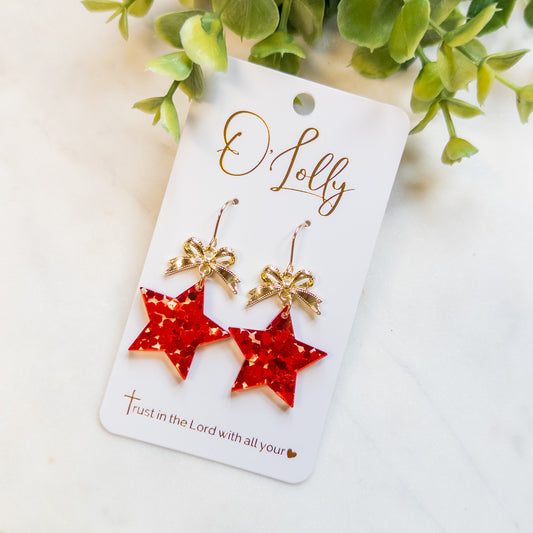 Red Glitter Star Bow Earrings