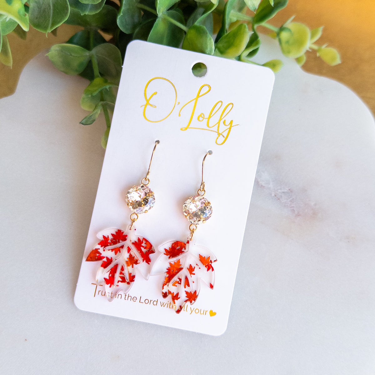 Fall Maple Leaf Dangle Earrings – Red & Orange Autumn Leaves with Sparkling Crystals