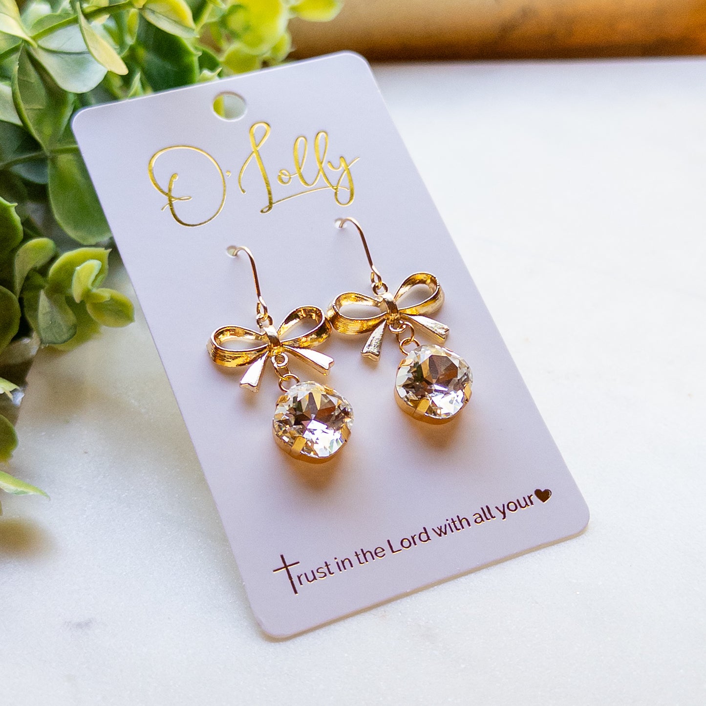 Gold Bow & Crystal Dangle Earrings – Sparkling Bow Earrings “Bonnie”