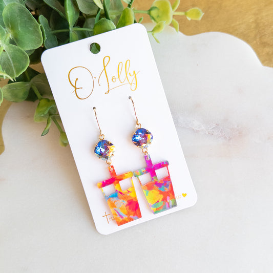 Colorful Loaded Tea Dangle Earrings – Rainbow Crystal Accents