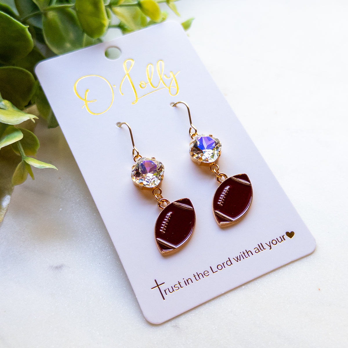 Gold Football & Crystal Dangle Earrings- “Hail Mary”