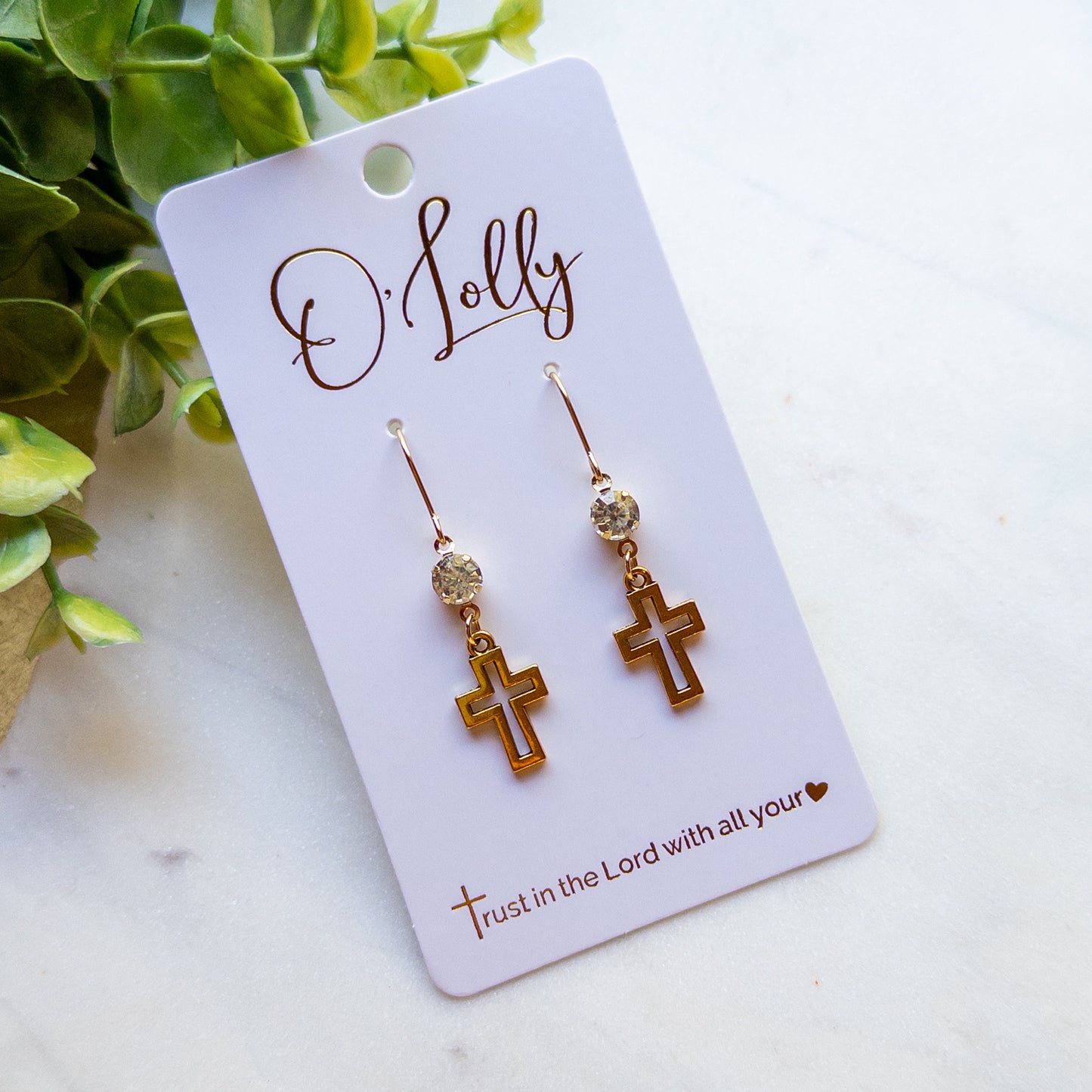 Antique Gold Cross & Crystal Dangle Earrings