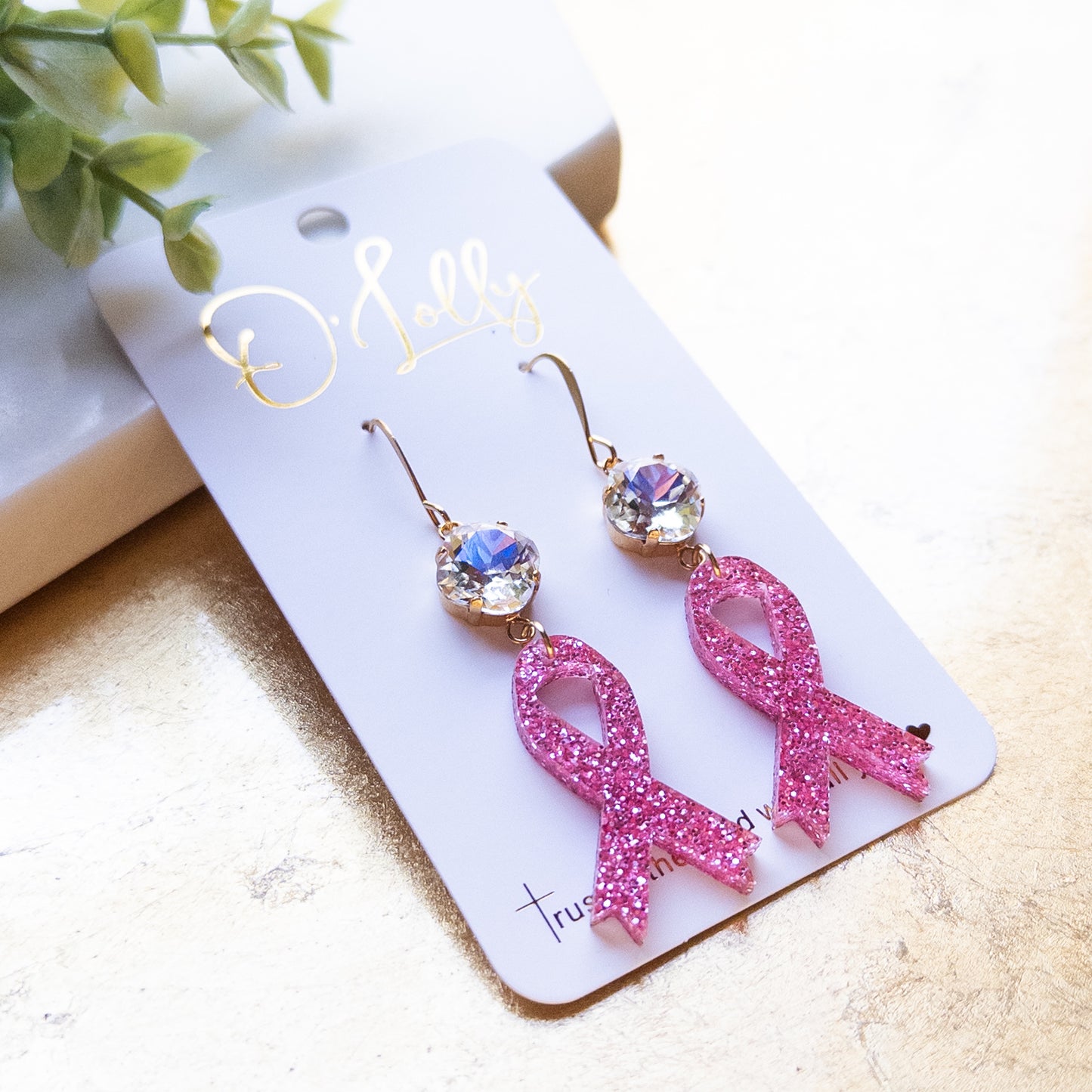 Pink Glitter Breast Cancer Awareness Ribbon Earrings w/Clear ML Stone
