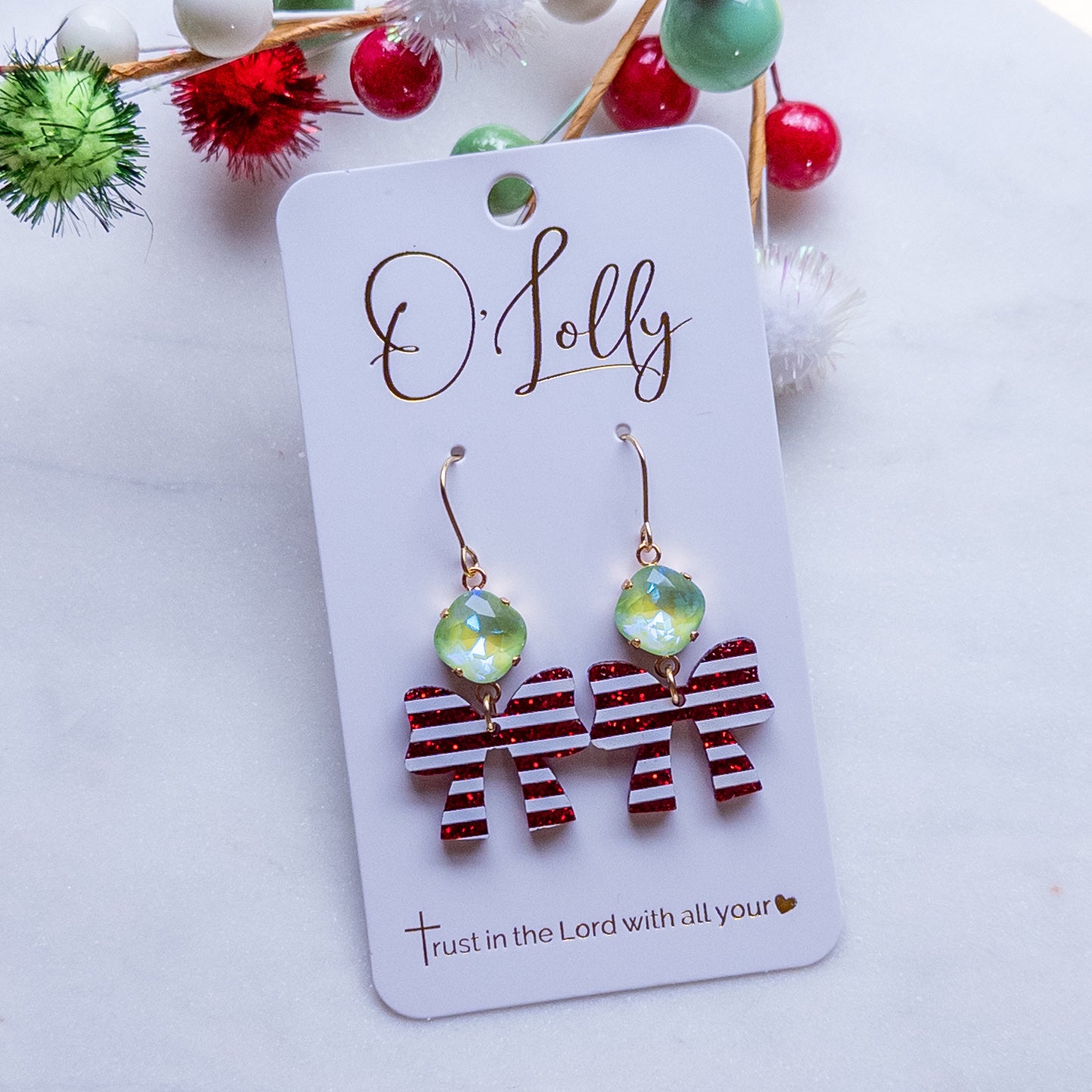 Red Glitter & White Stripe Bow w/Light Green Stone Earrings