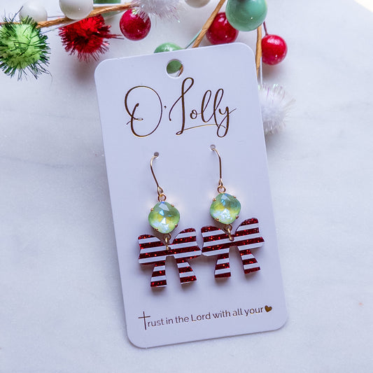 Red Glitter & White Stripe Bow w/Light Green Stone Earrings