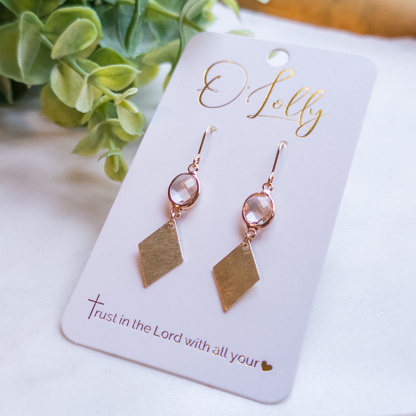 Clear Glass Connector w/Diamond Shaped Gold Plated Dangle Earrings- “Tina”