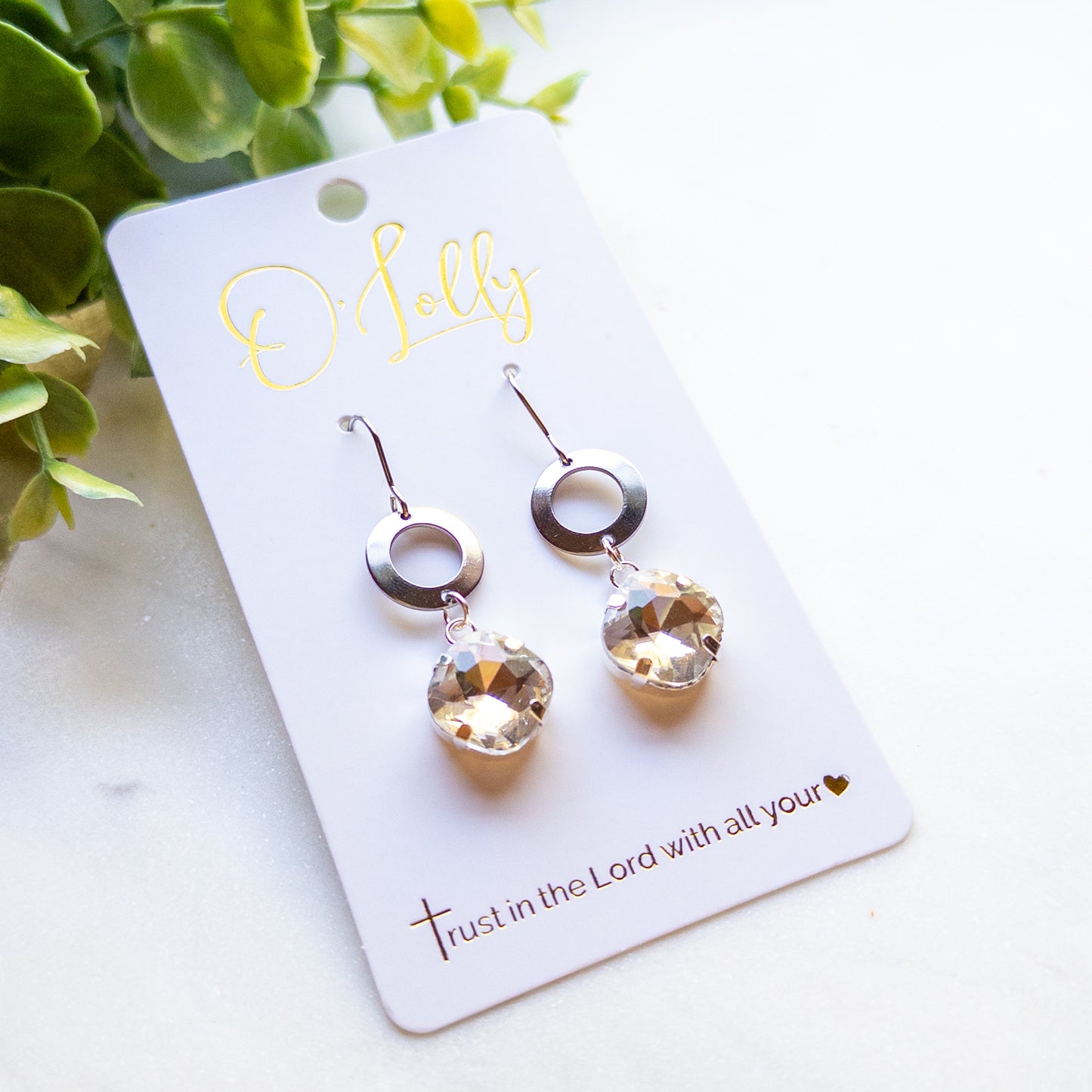 Silver Open Circle & Clear Crystal Drop Earrings “Helen”