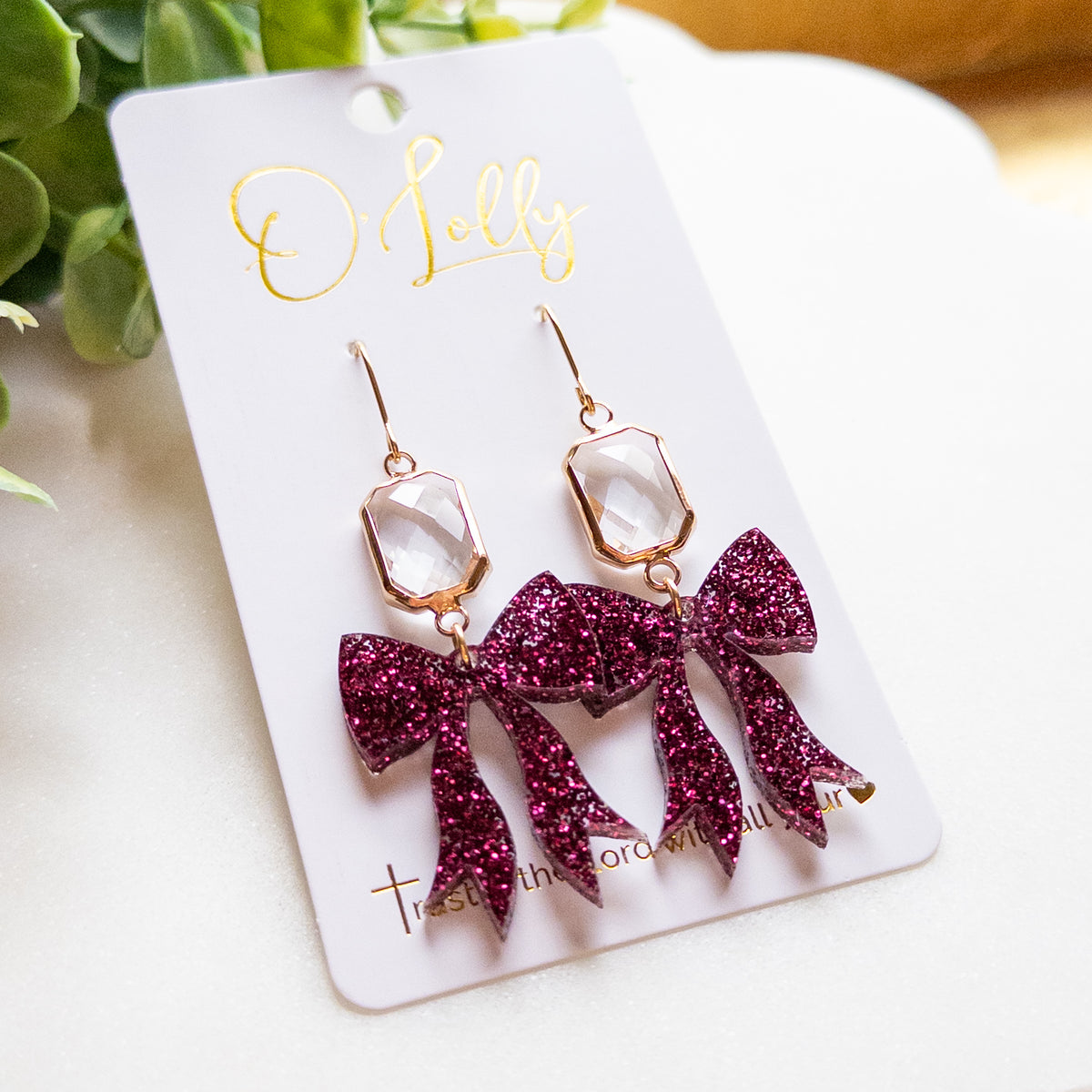 Maroon Glitter Bow & Crystal Gold Drop Earrings “Rosalie”