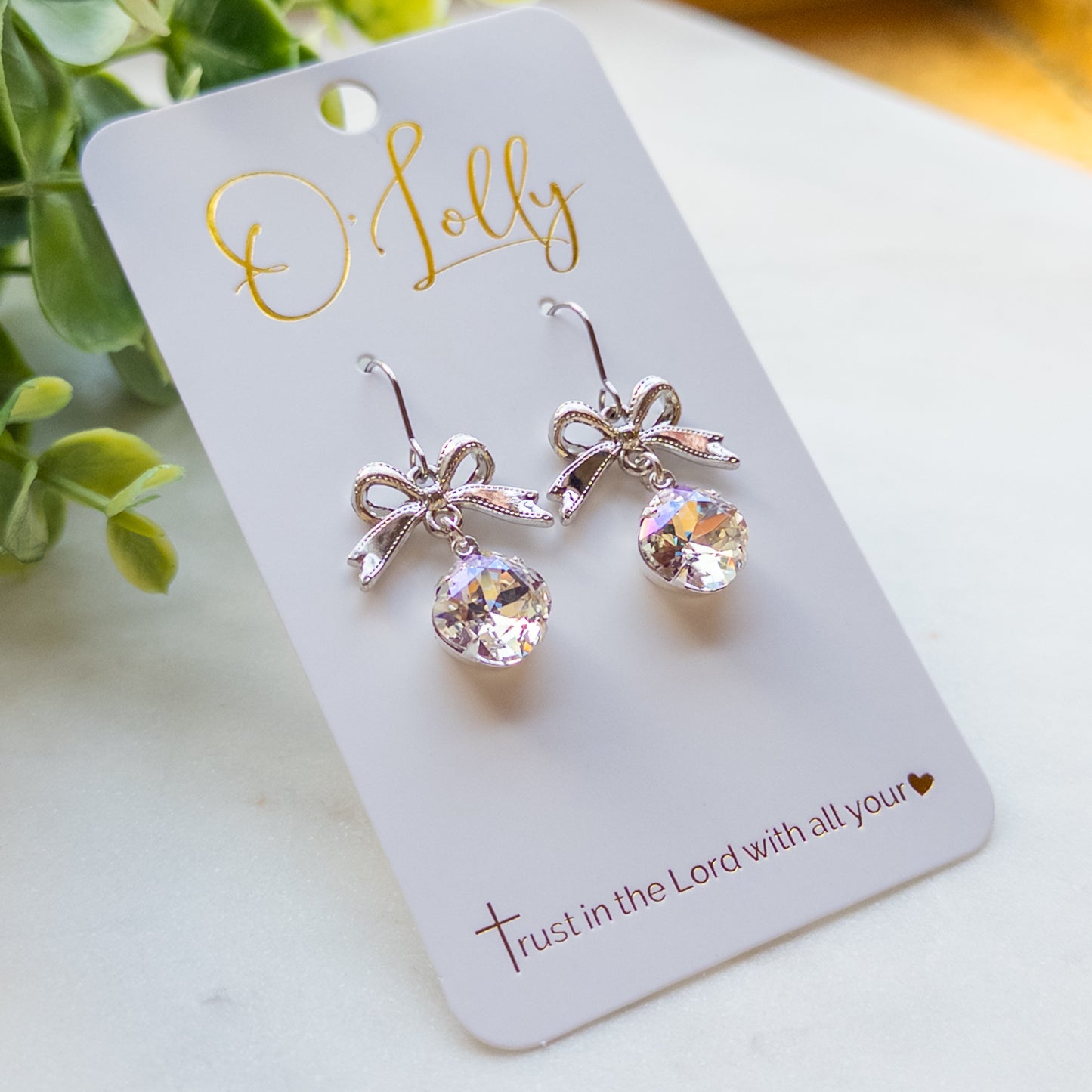 Silver Bow w/ML Clear Stone Dangle Earrings “Silvie”