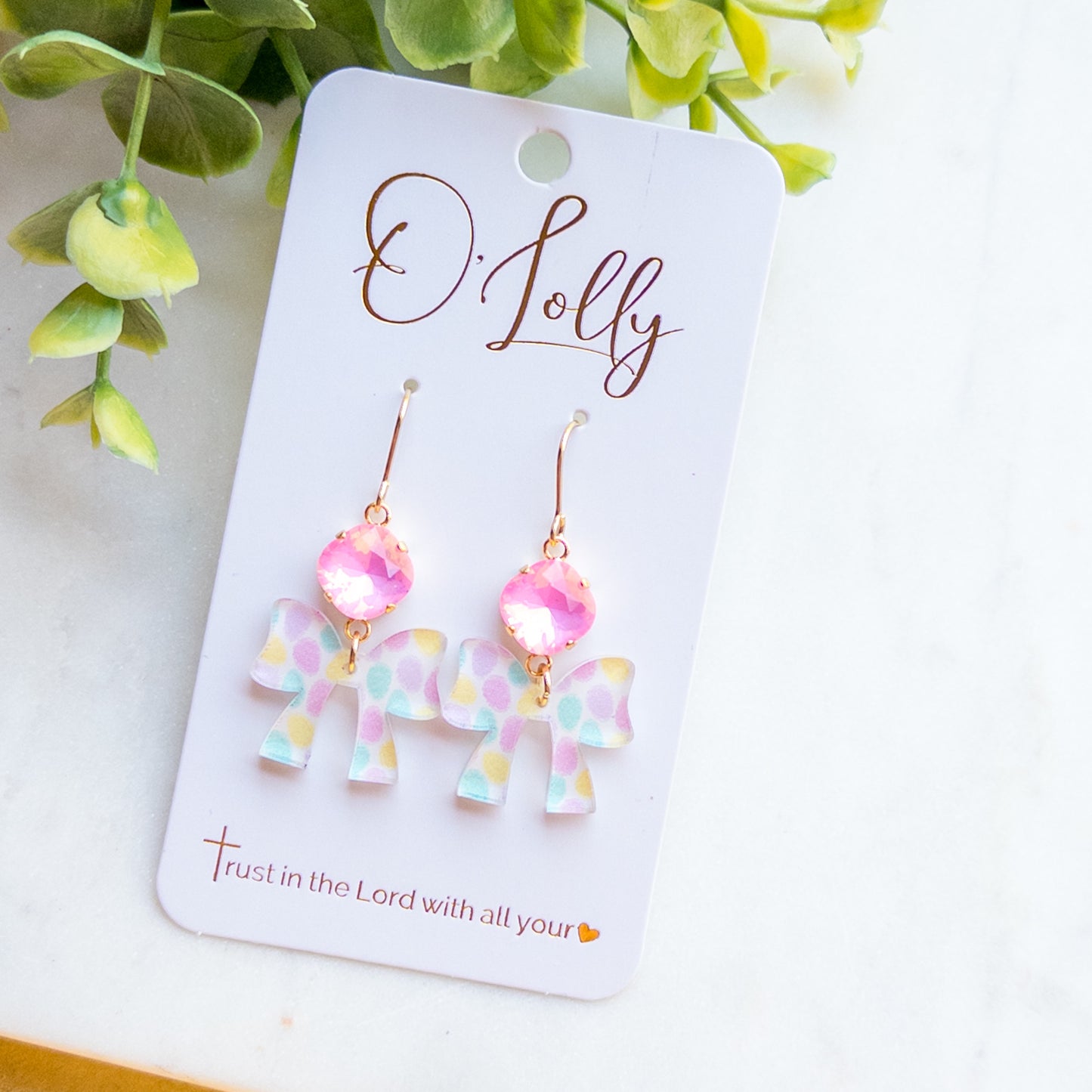 Pink Stone /Multicolored Acrylic Bow Dangle Earrings- Easter 10