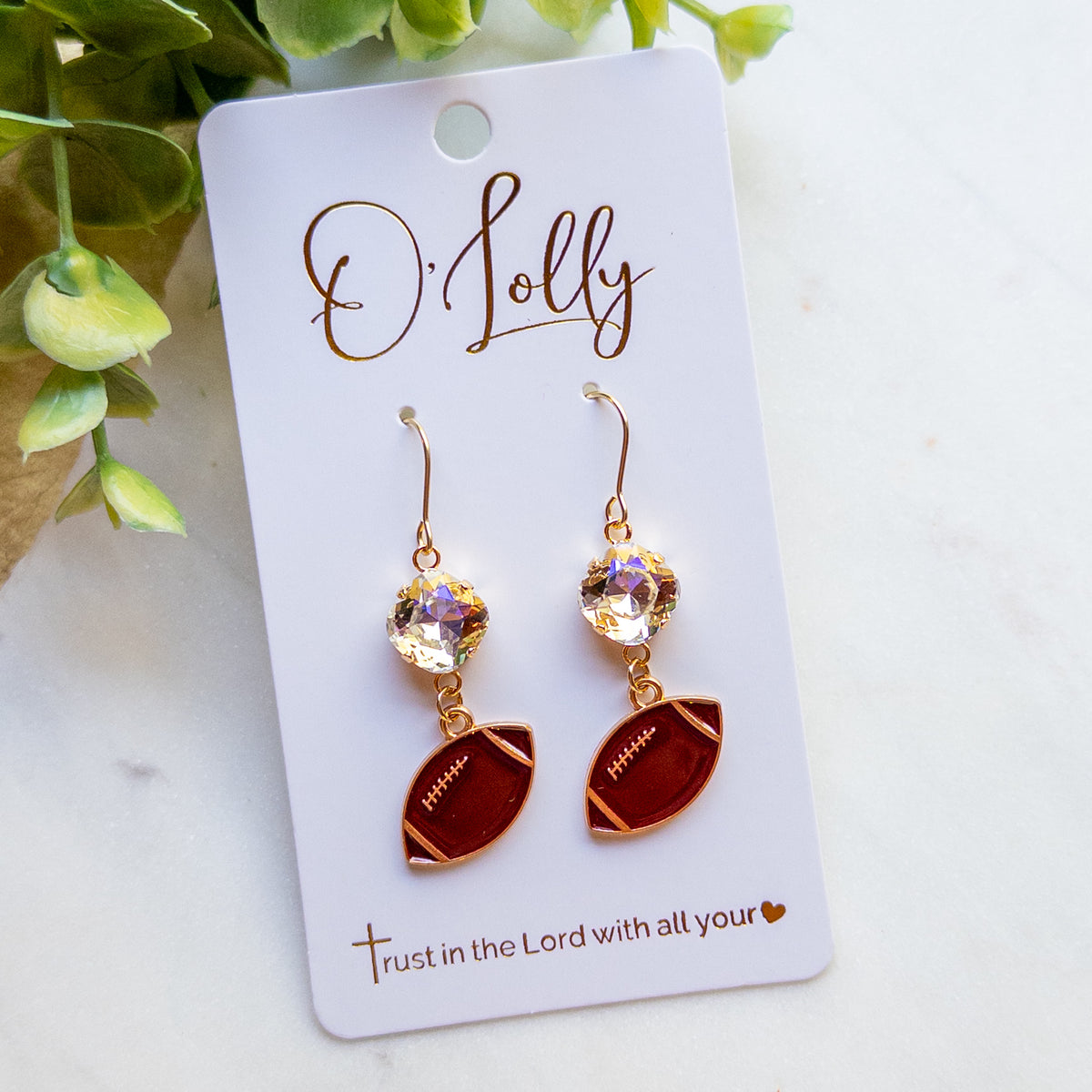 Gold Football & Crystal Dangle Earrings- “Hail Mary”