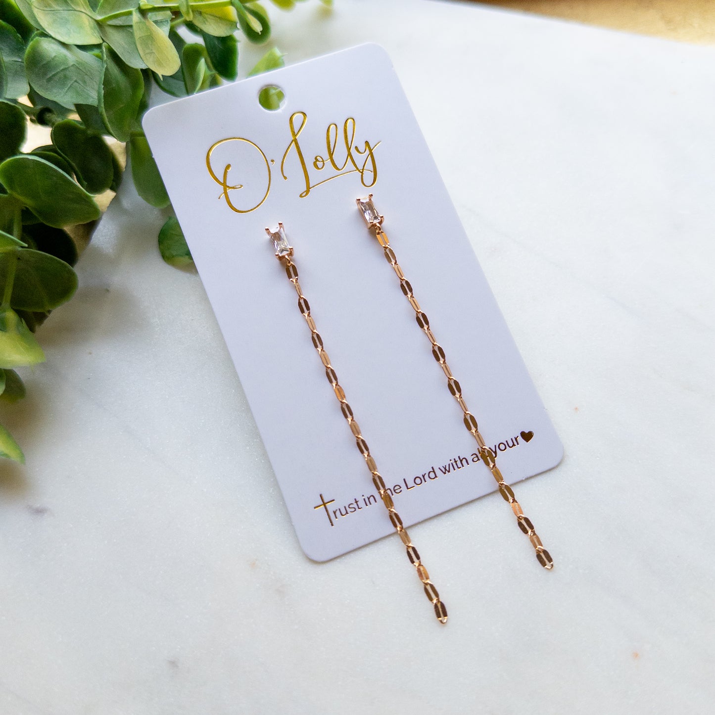 Gold Rectangle CZ Chain Drop Earrings