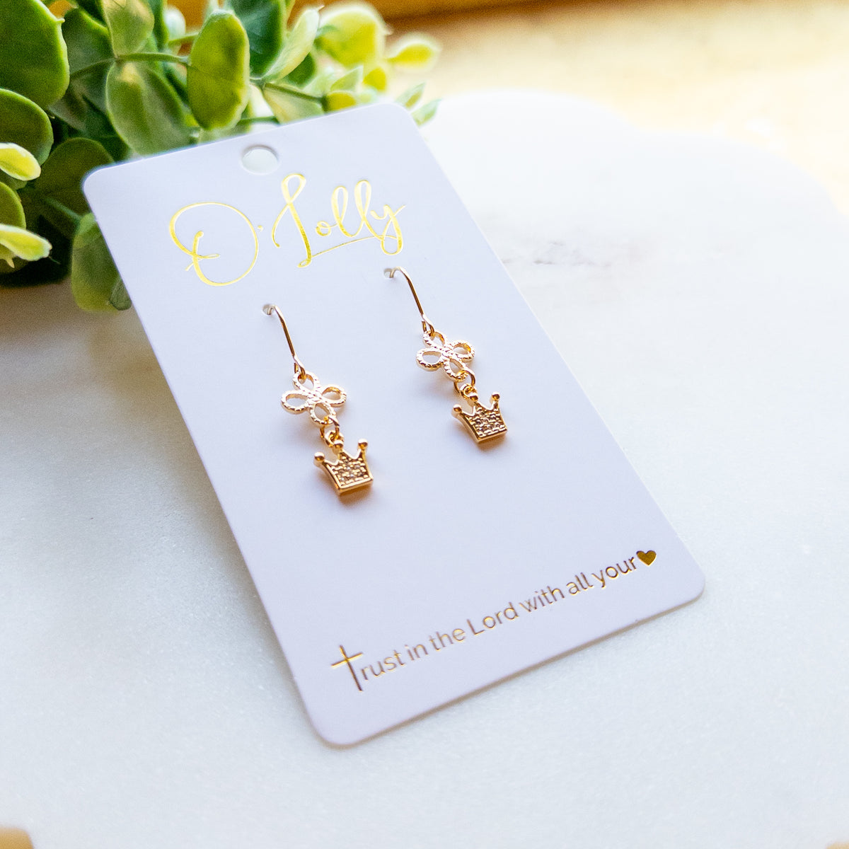 Gold Crown Charm Dangle Earrings
