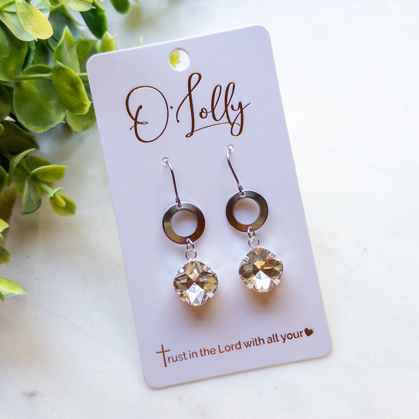 Silver Open Circle & Clear Crystal Drop Earrings “Helen”