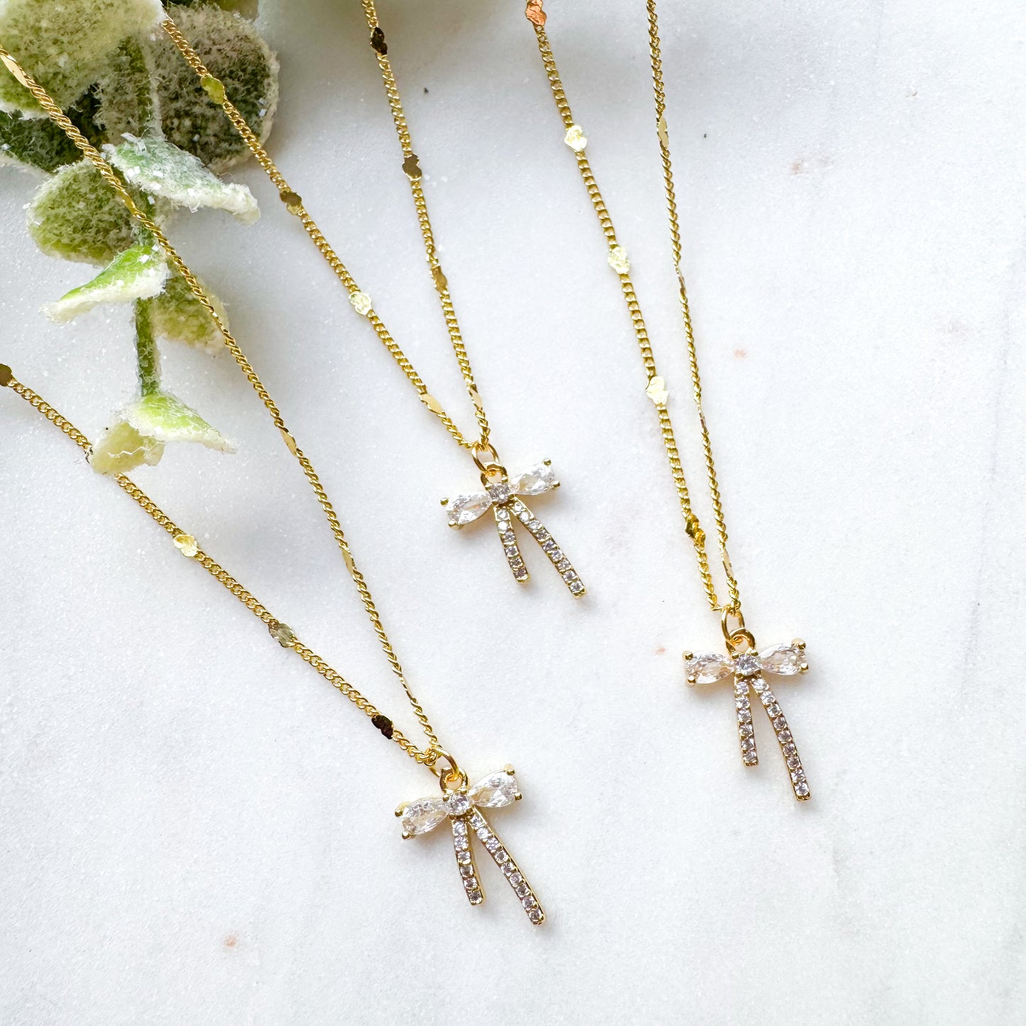 Cubic Zirconia Bow 18k Gold Plated Necklace w/Tiny Hearts on Chain
