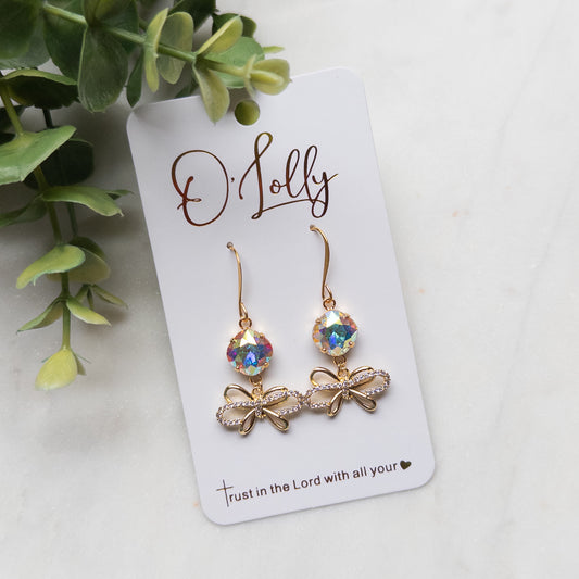 AB Stone w/Cubic Zirconia Gold Bow Dangle Earrings- “Scarlett”