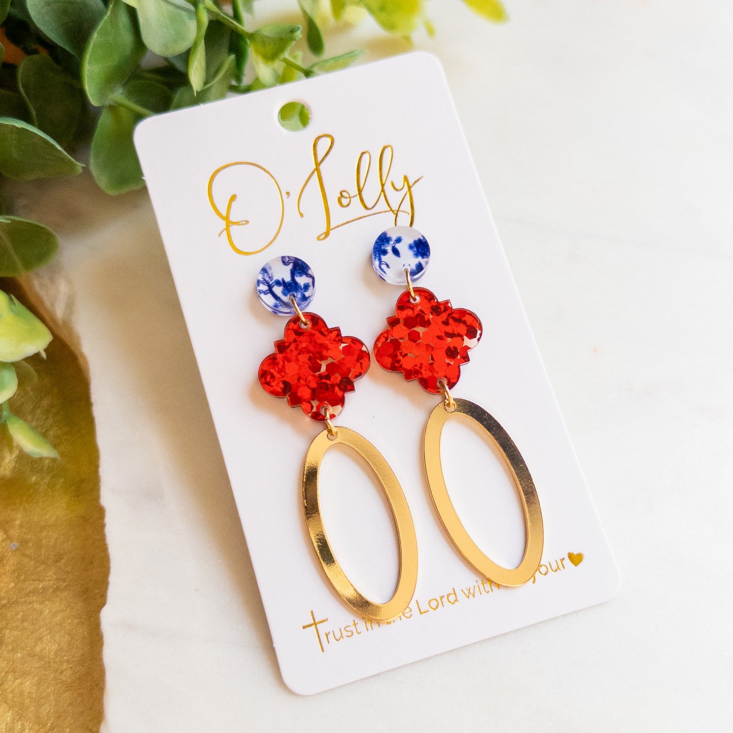 Red Glitter & Blue Floral w/Open Gold Oval Dangle Earrings “Holland”