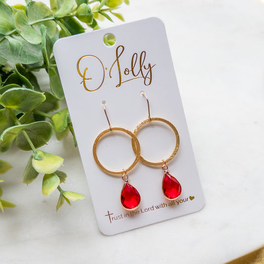 Gold Hoop w/Red Teardrop Dangle - Rosy