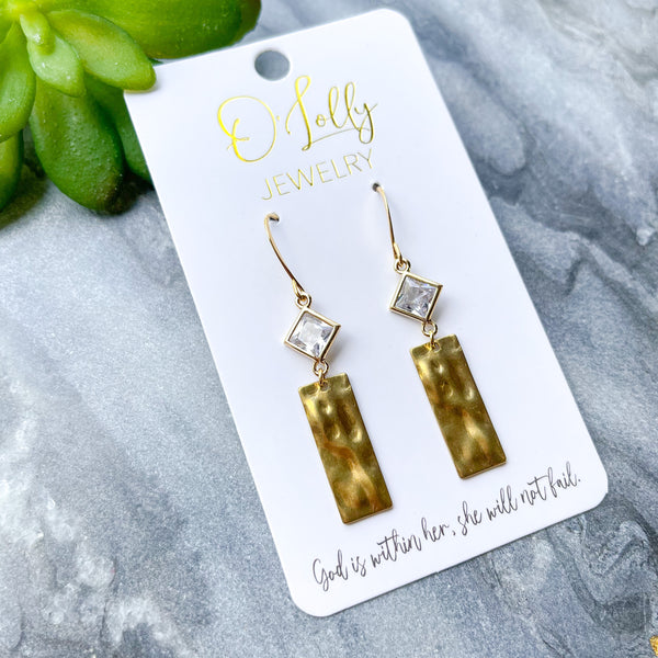 O’Lolly “Harlow” Earrings - Square CZ w/Gold Rectangle Dangle