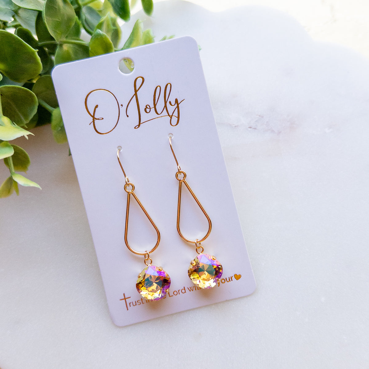 Gold Teardrop Iridescent Crystal Earrings “Amber”