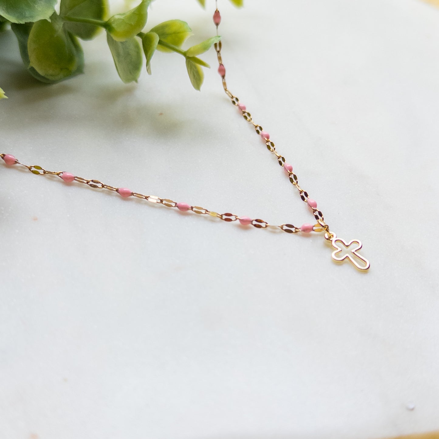 Gold & Pink Enamel Chain w/Open Cross Charm Necklace